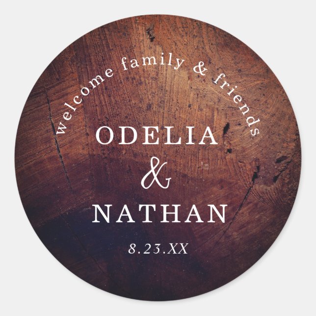 Elegant Rustic Wood Grain Texture Arched Wedding Classic Round Sticker (Front)