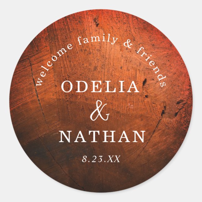 Elegant Rustic Wood Grain Texture Arched Wedding Classic Round Sticker (Front)