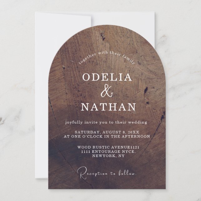 Elegant Rustic Wood Grain Texture Arched Wedding Invitation (Front)
