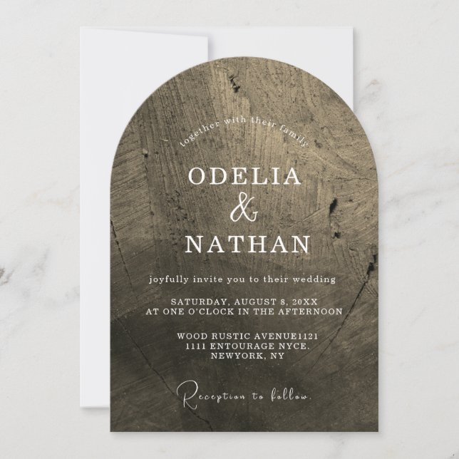 Elegant Rustic Wood Grain Texture Arched Wedding Invitation (Front)