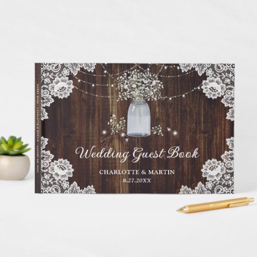 Elegant Rustic Wood Lace Floral Wedding Guest Book