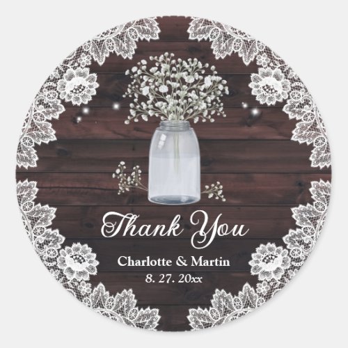 Elegant Rustic Wood Lace Floral Wedding Thank You Classic Round Sticker