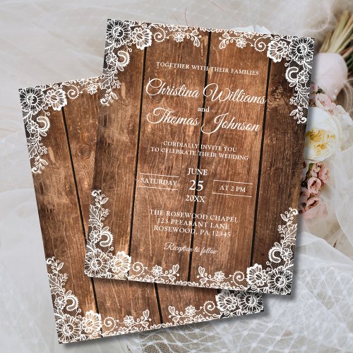 Elegant Rustic Wood Lace Wedding Invitation Flyer