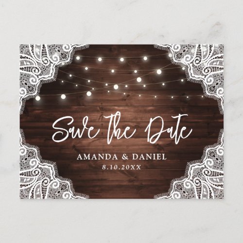 Elegant Rustic Wood Lace Wedding Save The Date Announcement Postcard