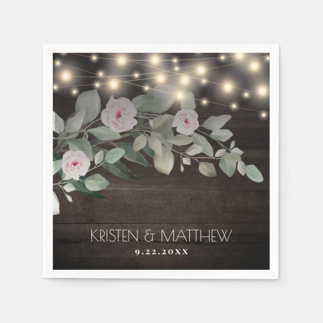 Elegant Rustic Wood Lights Boho Greenery Wedding Napkins (Front)