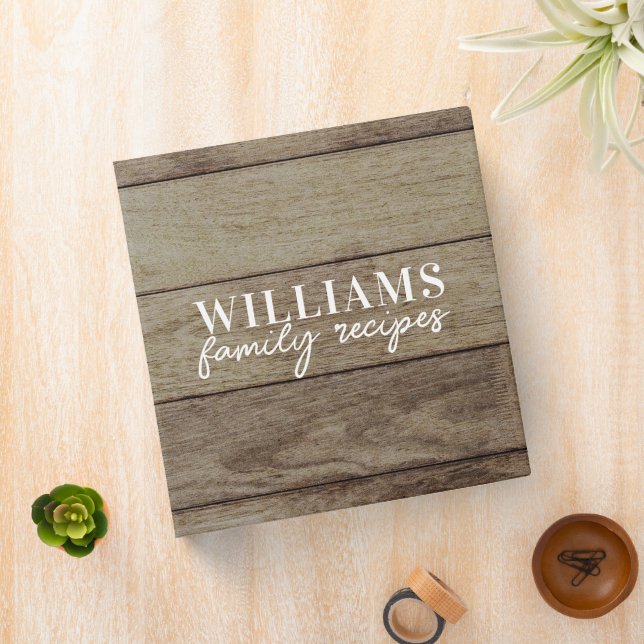 Elegant Rustic Wood Personalized Family Recipes 3 Ring Binder (In Situ)