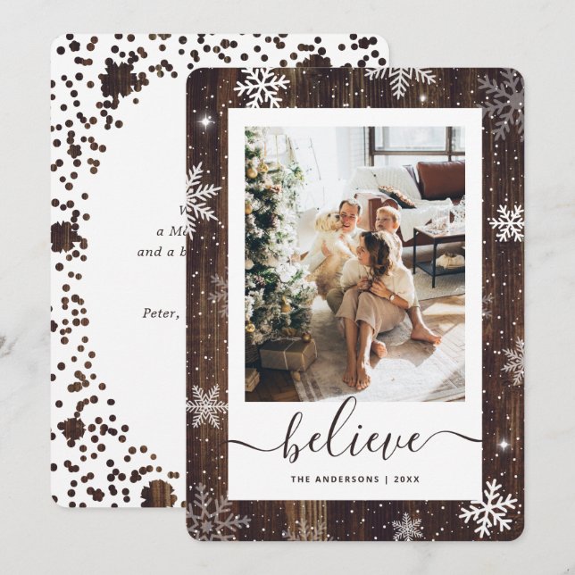 Elegant Rustic Wood Photo Snowflake Holiday Card (Front/Back)