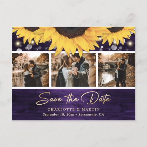 Elegant Rustic Wood Purple Sunflower Wedding Photo Announcement Postcard
