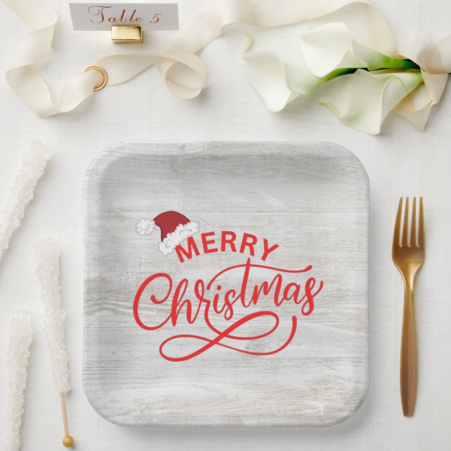 Elegant rustic wood red calligraphy with santa hat paper plates (Wedding)