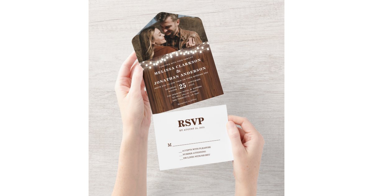 Elegant Rustic Wood String Lights Photo Wedding All In One Invitation ...
