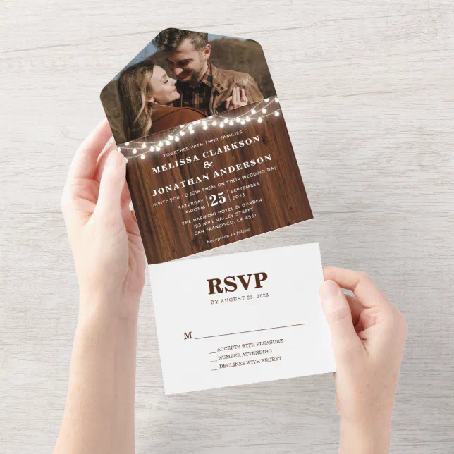 Elegant Rustic Wood String Lights Photo Wedding All In One Invitation ...