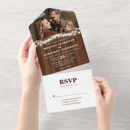 Elegant Rustic Wood String Lights Photo Wedding All In One Invitation