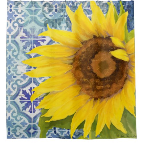 Elegant Rustic Wood Sunflower Floral Tile Pattern Shower Curtain