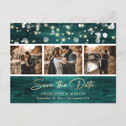 Elegant Rustic Wood Teal Gold Foil Wedding Photo Announcement Postcard