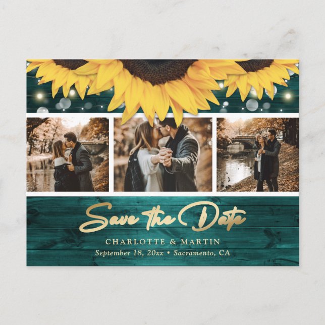 Elegant Rustic Wood Teal Sunflower Wedding Photo Announcement Postcard (Front)