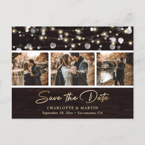 Elegant Rustic Wood Wedding 3 Photo Save The Date Announcement Postcard