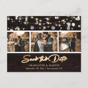 Elegant Rustic Wood Wedding 3 Photo Save The Date Announcement Postcard