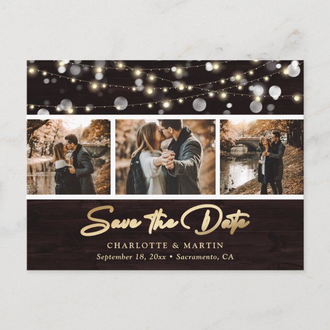 Elegant Rustic Wood Wedding 3 Photo Save The Date Announcement Postcard (Front)