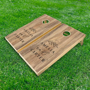 Elegant Rustic Wood Wedding Monogram Laurel Cornhole Set