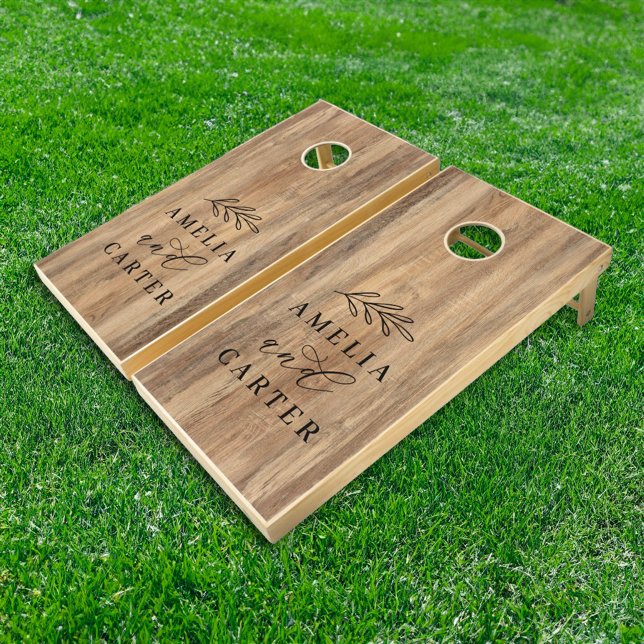 Elegant Rustic Wood Wedding Monogram Laurel Cornhole Set (Creator Uploaded)