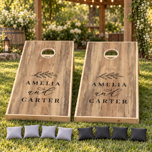 Elegant Rustic Wood Wedding Monogram Laurel Cornhole Set