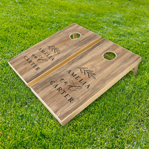 Elegant Rustic Wood Wedding Monogram Laurel Cornhole Set