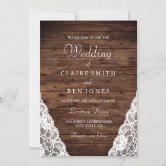 Elegant Rustic Wood White Lace Wedding Invite