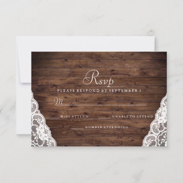 Elegant Rustic Wood White Lace Wedding RSVP Card (Front)