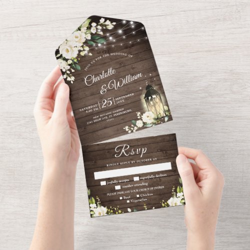 Elegant Rustic Wood White Roses Wedding All In One Invitation