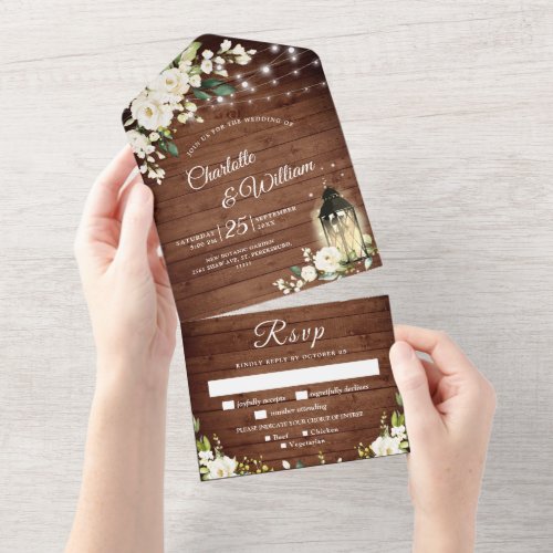 Elegant Rustic Wood White Roses Wedding All In One Invitation