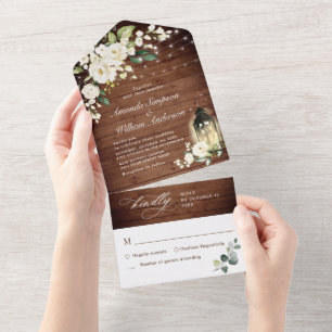 Elegant Rustic Wood White Roses Wedding All In One Invitation