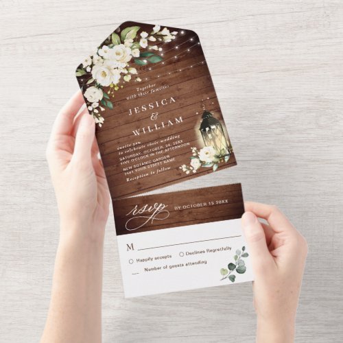 Elegant Rustic Wood White Roses Wedding All In One Invitation