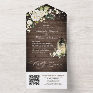 Elegant Rustic Wood White Roses Wedding QR code All In One Invitation