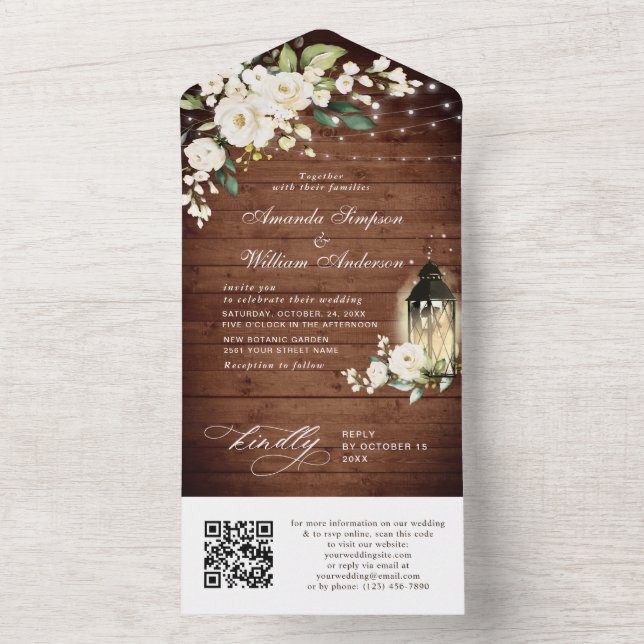 Elegant Rustic Wood White Roses Wedding QR code All In One Invitation (Inside)