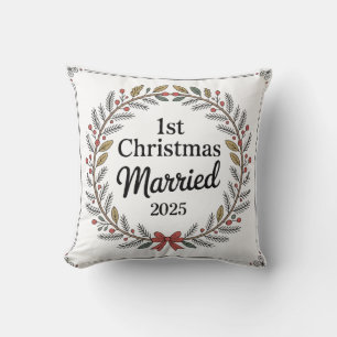 Elegant Rustic Wreath 1st Christmas Married Throw Pillow