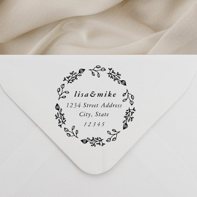 Elegant Rustic Wreath Couple Wedding Address Self-inking Stamp (Creator Uploaded)