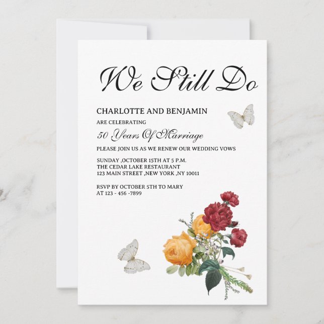 Elegant Rustic Yellow Red Roses Vow Renewal Invitation (Front)