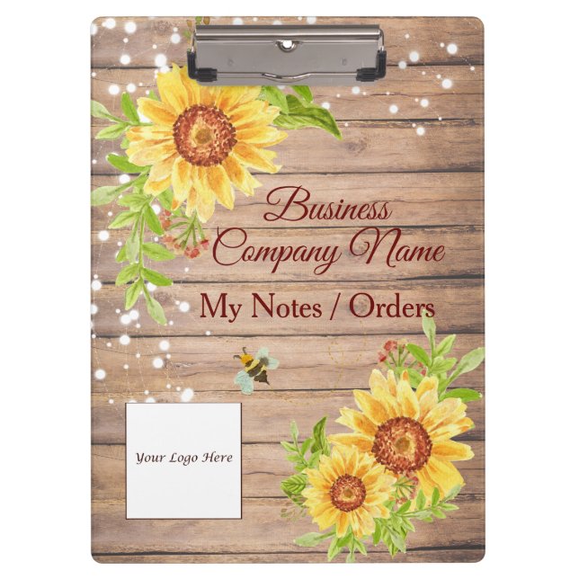 Elegant Rustic Yellow Sunflower Custom Business Clipboard (Front)