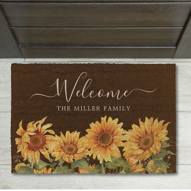 Elegant Rustic Yellow Sunflower Garden Fiber Doormat (In situ)
