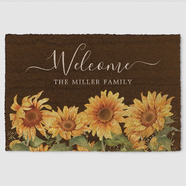 Elegant Rustic Yellow Sunflower Garden Fiber Doormat (Front)