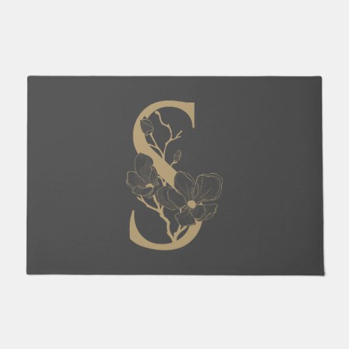 Elegant S Boho Floral Monogram Initial Gray Gold Doormat