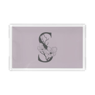 Elegant S Boho Floral Monogram Initial Lilac Gray Acrylic Tray