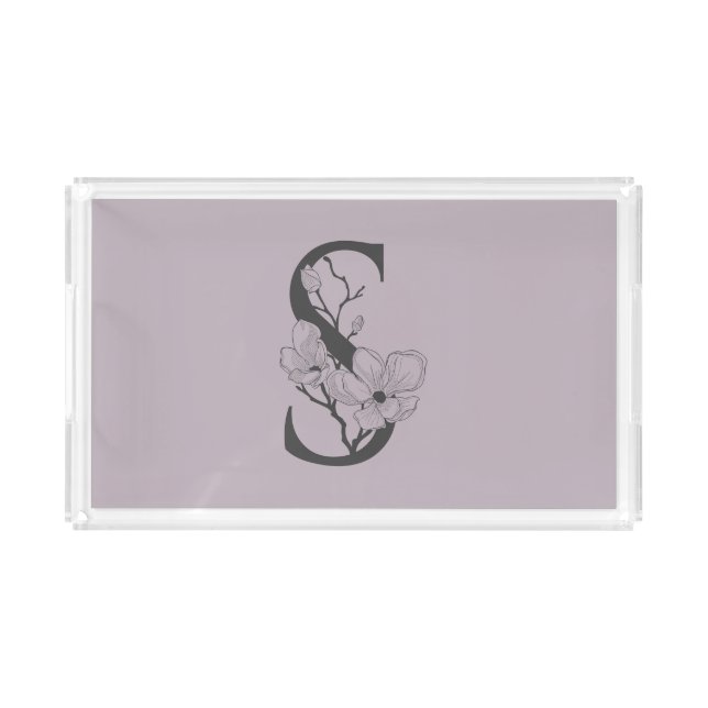 Elegant S Boho Floral Monogram Initial Lilac Gray Acrylic Tray (Front)
