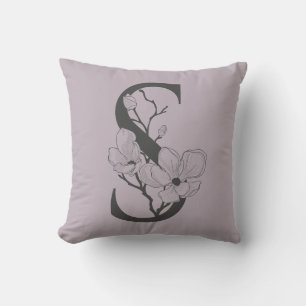 Elegant S Boho Floral Monogram Initial Lilac Gray Throw Pillow