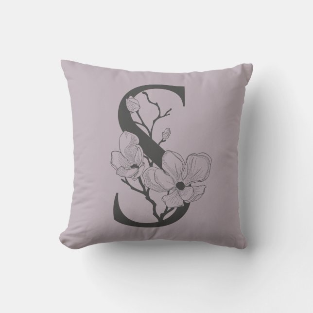 Elegant S Boho Floral Monogram Initial Lilac Gray Throw Pillow (Front)