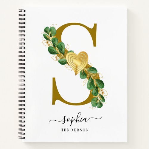 Elegant S Letter Monogram Heart Greenery Notebook