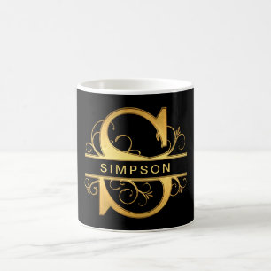 Elegant "S" Monogram Personalized Name Black Gold Coffee Mug