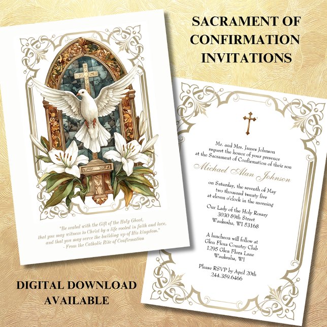 Elegant Sacrament of Confirmation Dove White Lily  Invitation (Creator Uploaded)