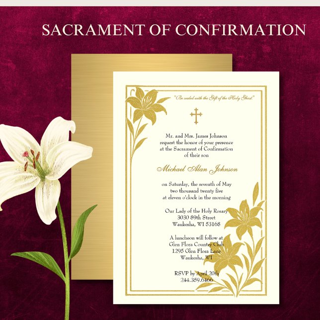 Elegant Sacrament of Confirmation Gold Lilies Invitation (Creator Uploaded)