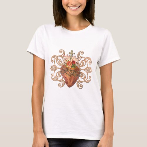Elegant Sacred Heart Jesus Catholic Cross  T_Shirt